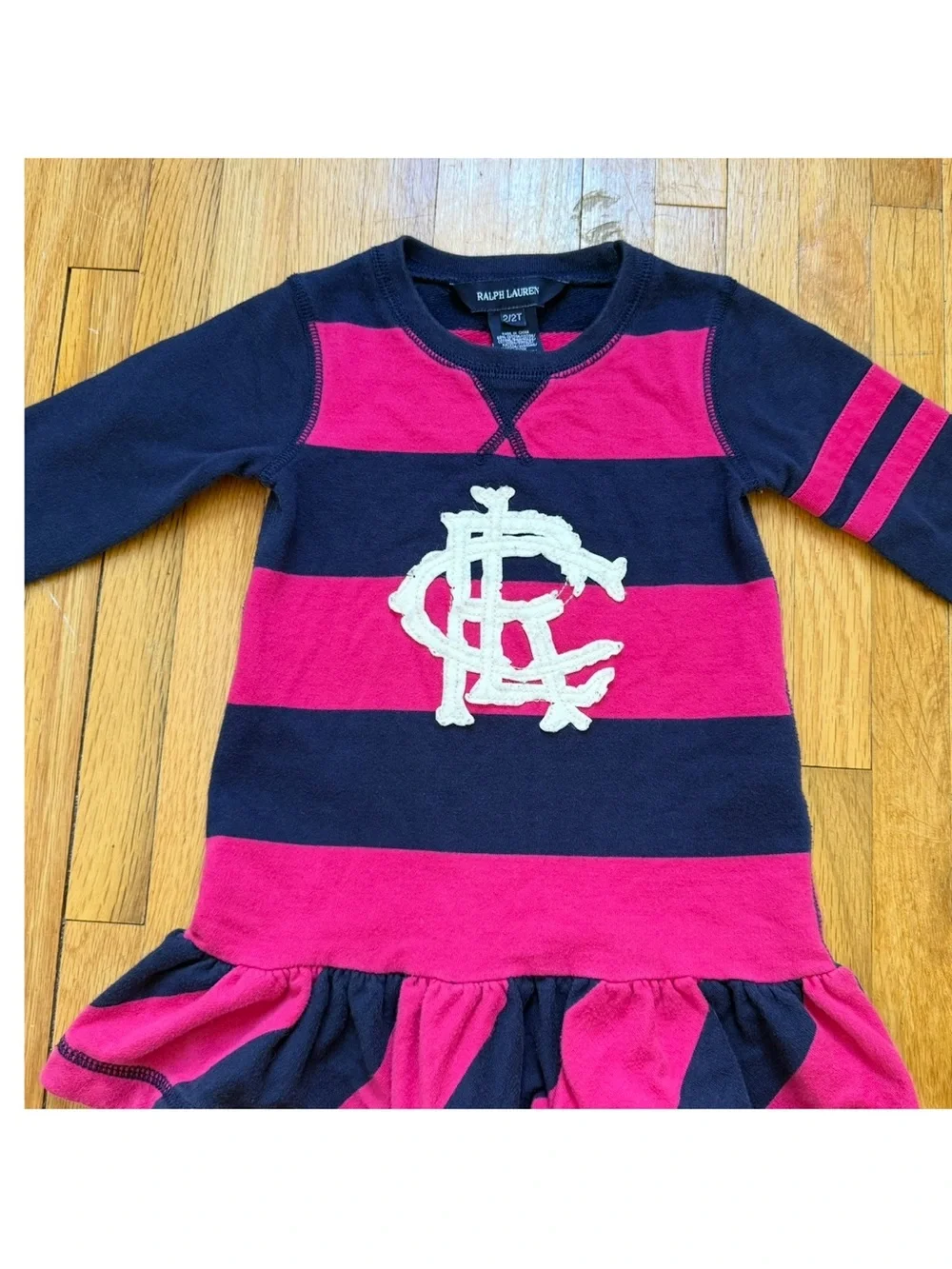 Ralph Lauren Striped Jersey Dress Toddler Size 2T Pink Navy Blue Logo Crest Girl